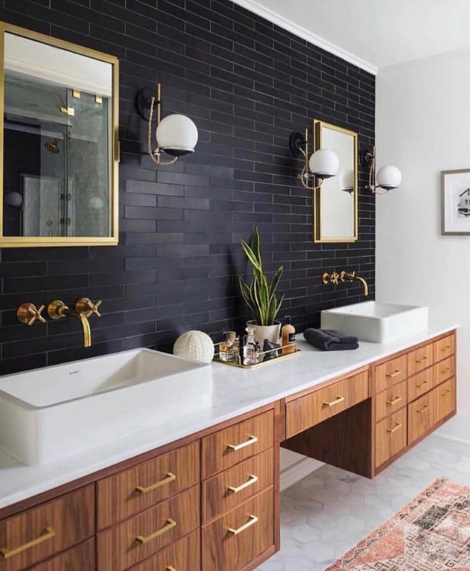 Mid-Century Modern Walnut Double Vanity against Black Tiled Wall