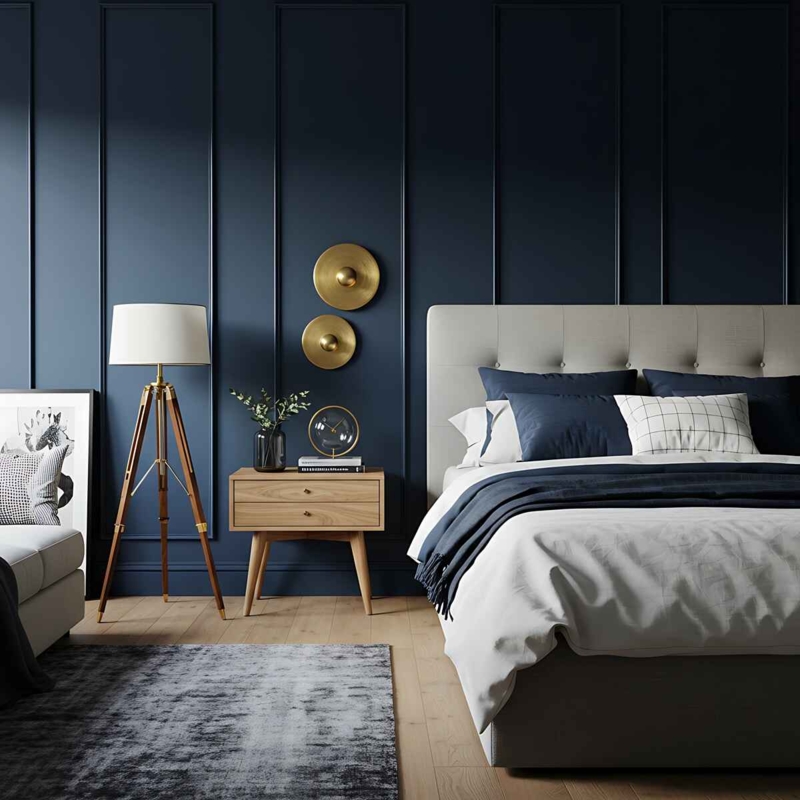 Mid-Century Tufted Bed with Vertical Wall Molding and Tripod Lamp