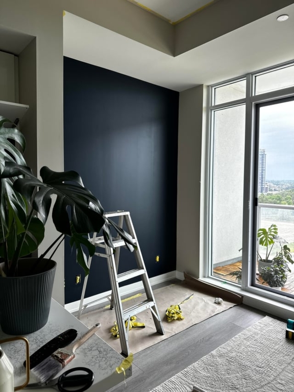 Minimalist Apartment Living Room with Dramatic Navy Accent Wall