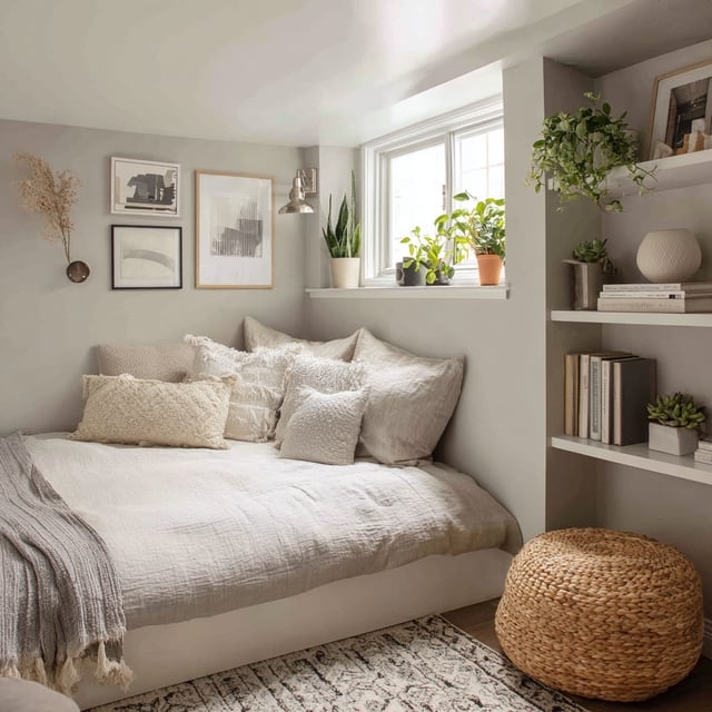 Minimalist Basement Bedroom with Woven Pouf and Cream Layers
