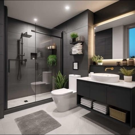 Minimalist Bathroom Design with Charcoal Tiled Walls and Vessel Sink