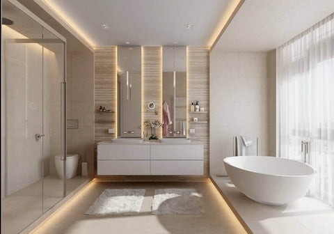 Minimalist Bathroom Design with Cove Lighting & Stone