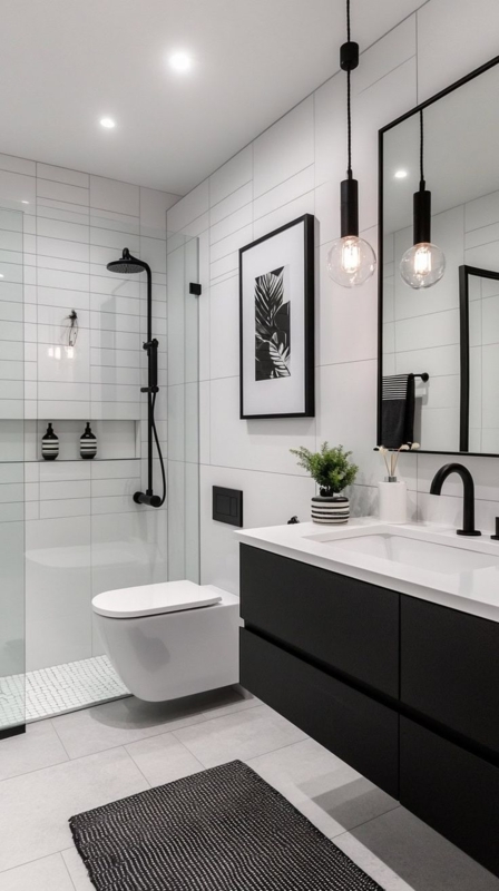 Minimalist Bathroom Floating Black Vanity, Grid Tiles. Minimalist Design.