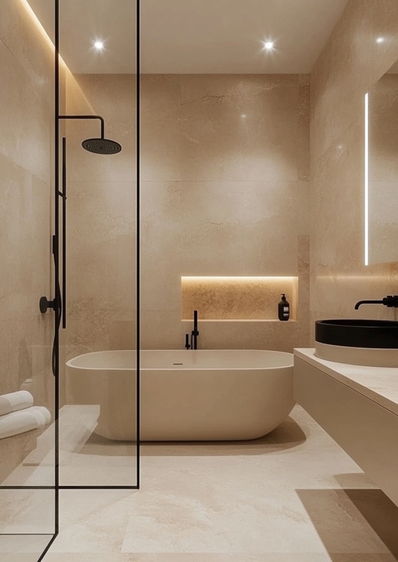 Minimalist Bathroom: Freestanding Tub & Illuminated Wall Niche