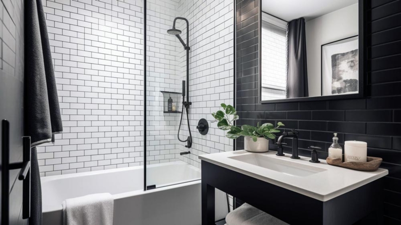 Minimalist Bathroom: High Contrast Tile Accent Wall & Matte Black