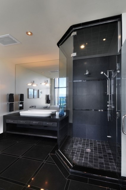 Minimalist Bathroom Idea with Dark Tile Shower and Frameless Glass