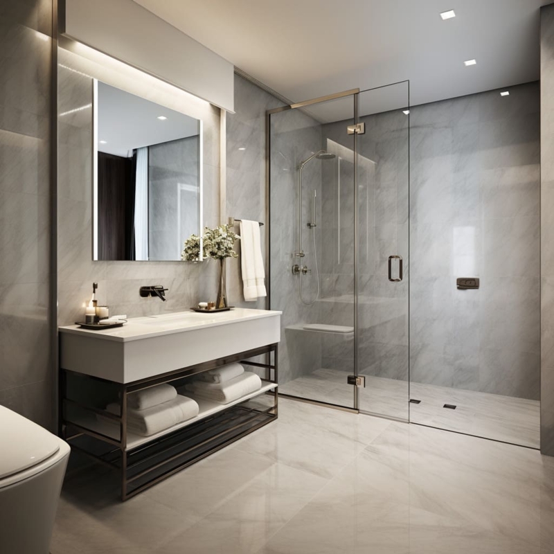 Minimalist Bathroom with Floating Metal Vanity & Large Stone Tiles