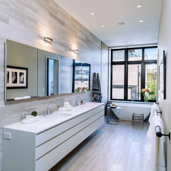 Minimalist Bathroom with Floating Vanity and Horizontal Wood Grain Tiles