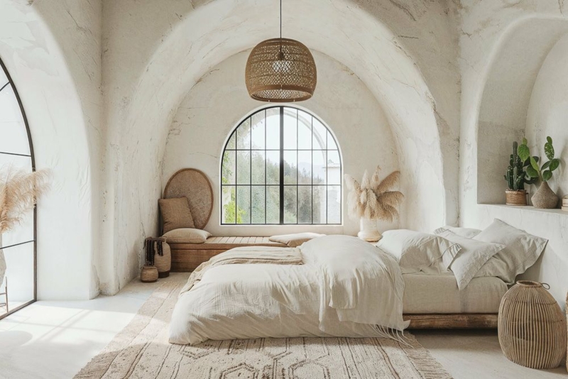 Minimalist Bed with Arched Plaster Walls and Nook