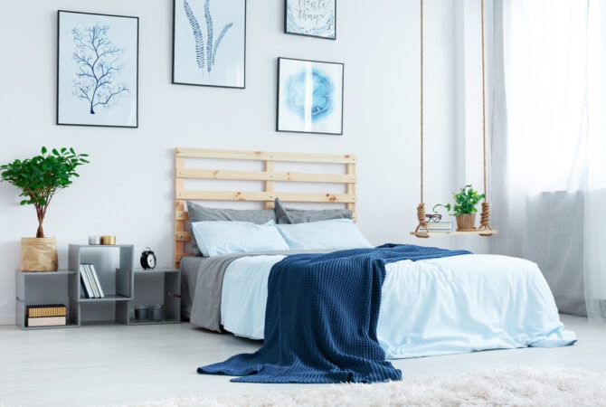 Minimalist Bed with Slatted Headboard and Hanging Shelf