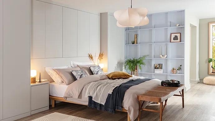 Minimalist Bedroom With Built-In Wardrobe Headboard Wall