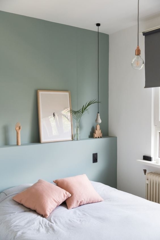 Minimalist Bedroom with Sage Green Built-in Headboard Ledge