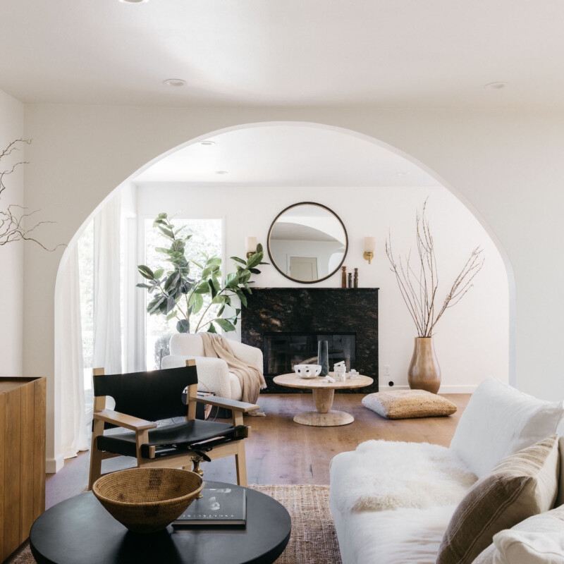 Minimalist Black Sling Chair in Modern Living Room with Arched Doorway