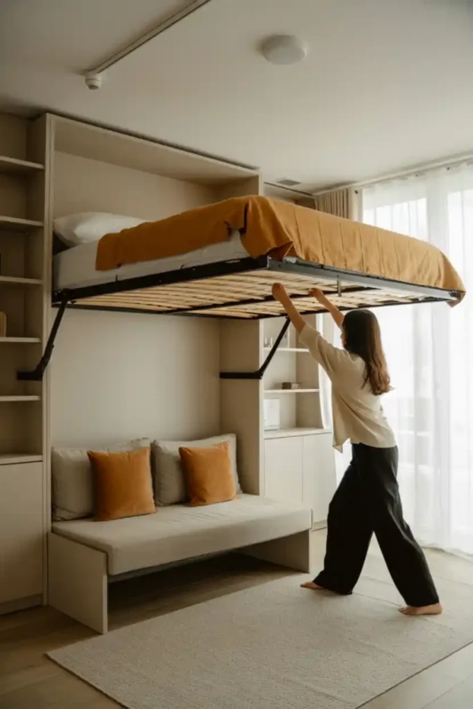 Minimalist Cream Murphy Bed With Integrated Sofa and Slatted Base