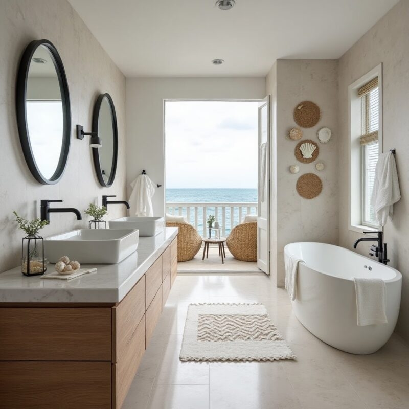 Minimalist Double Vanity with Vessel Sinks and Ocean View Balcony