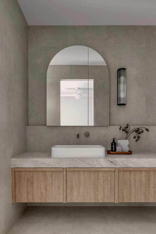 Minimalist Floating Wood Vanity with Ribbed Wall Sconce