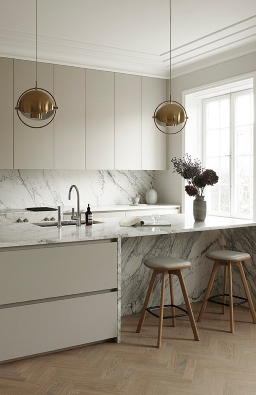Minimalist Kitchen Island with Seating and Modern Black Stools