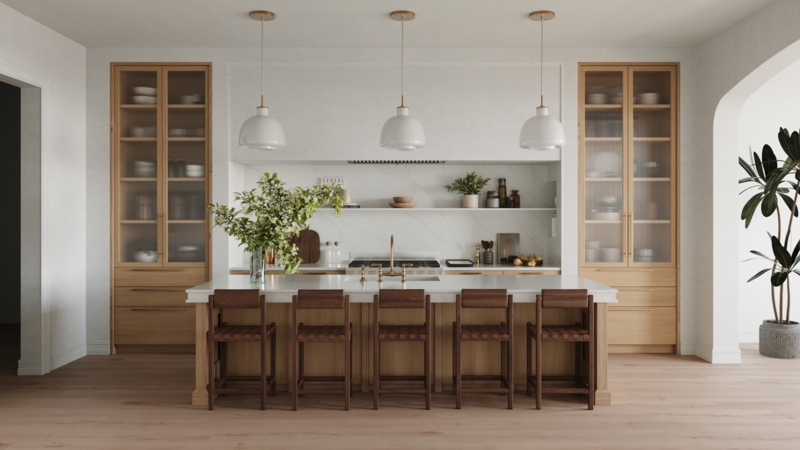 Minimalist Kitchen with Stone Island and Symmetrical Glass Cabinets