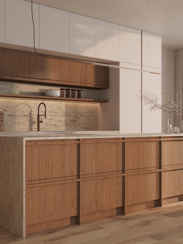 Minimalist Kitchen with Wood Island and Travertine Backsplash Feature