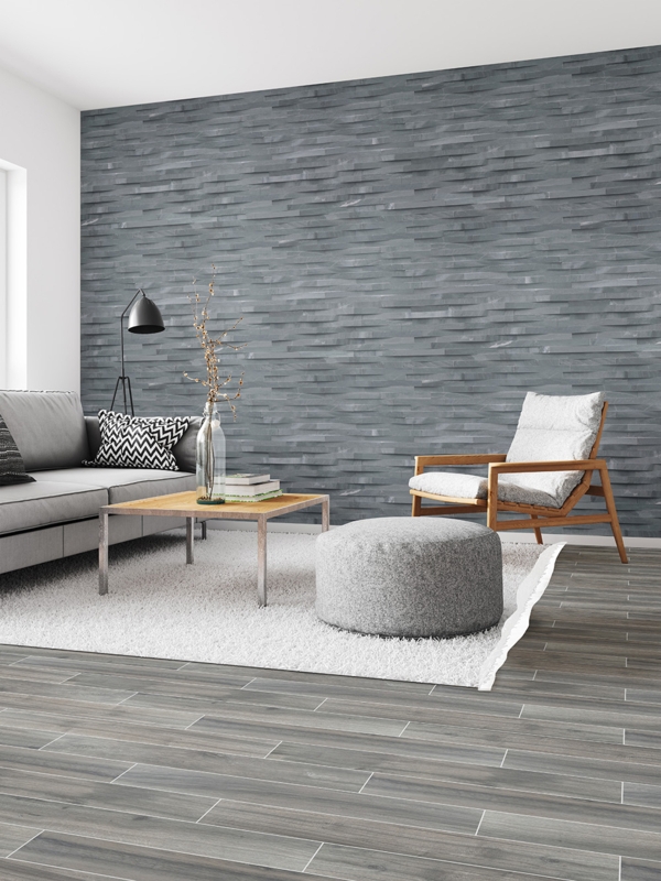 Minimalist Living Room with Charcoal Gray 3D Stacked Stone Accent Wall