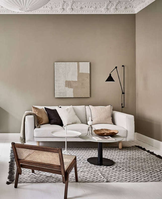 Minimalist Living Room with Neutral Tones and Ornate Ceiling Molding