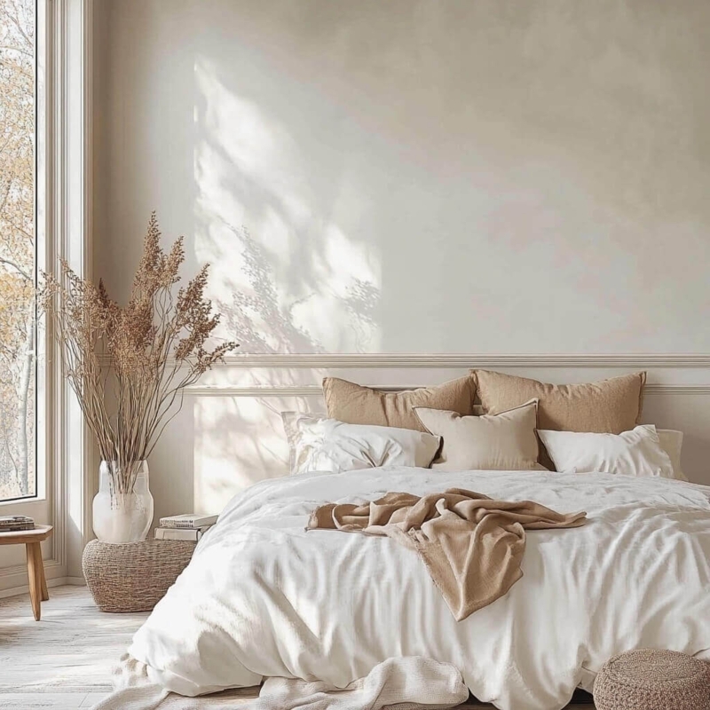 Minimalist Low Profile Bed Styling in Organic Modern Japandi Guest Room