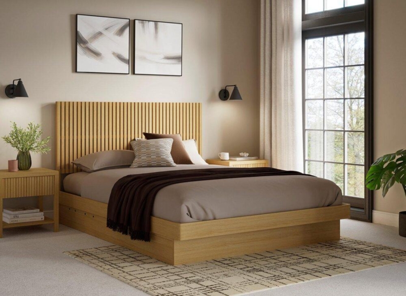 Minimalist Oak Platform Bed Styling with Vertical Slat Headboard