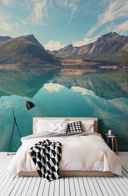 Minimalist Platform Bed with Mountain Lake Mural and Slatted Floor