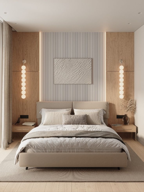 Minimalist Platform Bed with Ribbed Wall and Vertical Globe Sconces