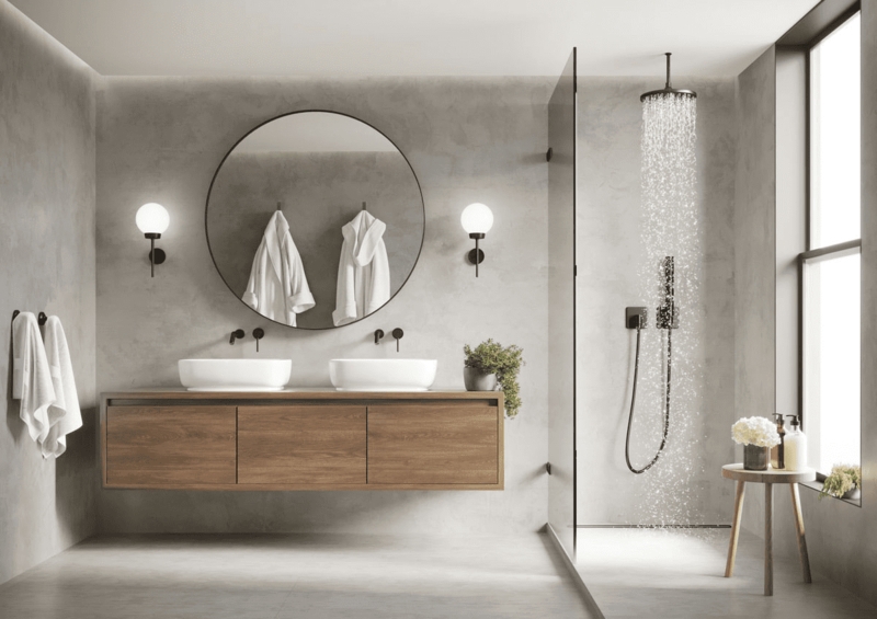 Minimalist Spa Bathroom Design with Concrete Look Walls