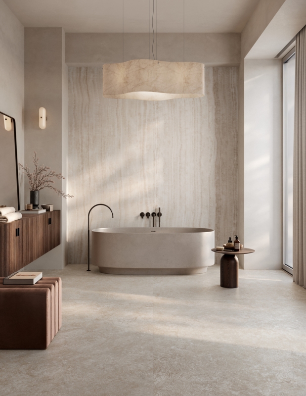 Minimalist Spa Bathroom with Travertine Feature Wall & Capsule Tub