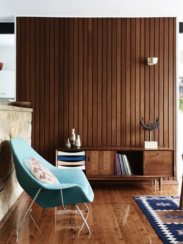 Minimalist Vertical Wood Slat Paneling, Moody Hallway