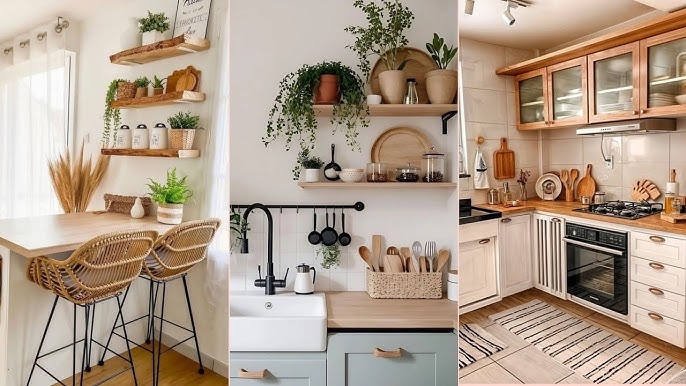Minimalist White and Wood Kitchen with Rattan Bar Stools