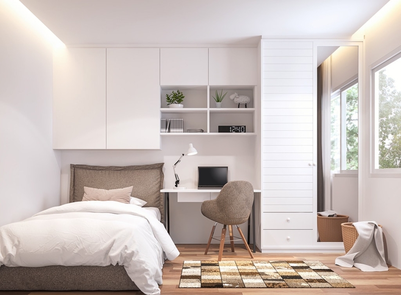 Minimalist White Bedroom Built-In Wall Unit With Integrated Desk