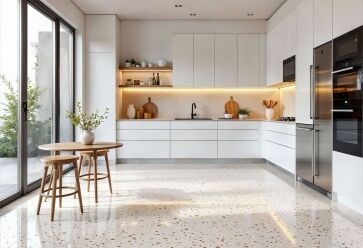 Minimalist White Kitchen with Terrazzo Floor and Wood Accents