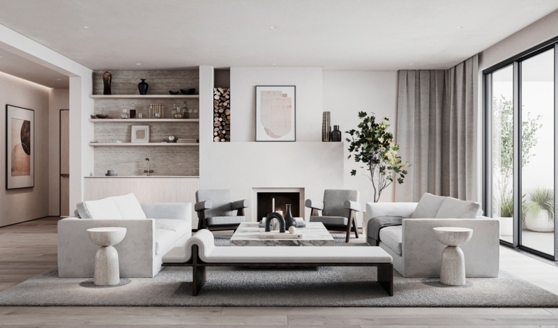 Minimalist White Living Room: Central Bench & Architectural Alcoves