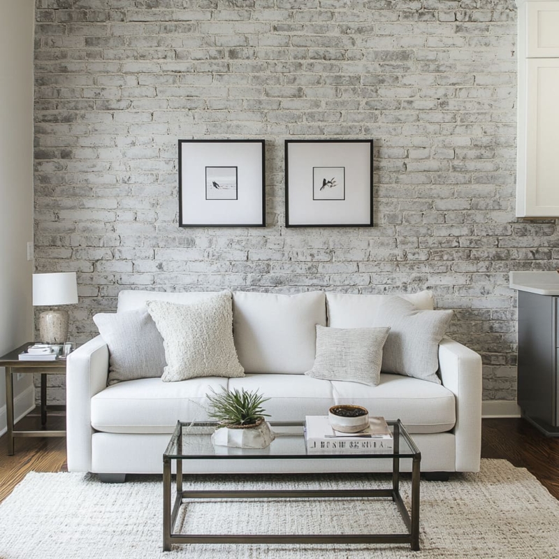 Minimalist White Sofa against Whitewashed Brick Wall & Black Frames