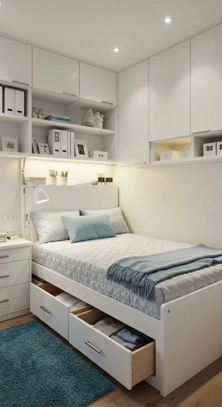Minimalist White Storage Bed With Under Bed Drawers and Cabinetry