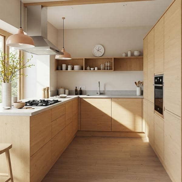 Minimalist Wood Kitchen Cabinetry with Seamless Design and Wall Niche