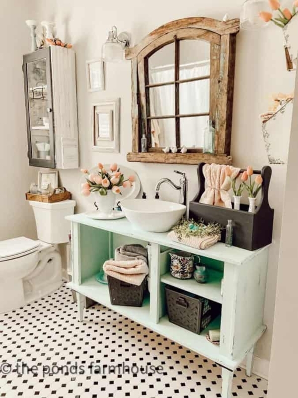 Mint Green Vanity Bathroom Refresh with Window Pane Mirror