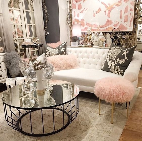 Mirrored Coffee Table Decor Ideas: Pink Faux Fur Accent Stool