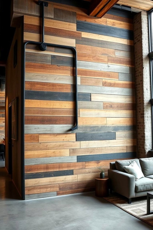 Mixed Barnwood Accent Wall with Industrial Metal Pipe Feature