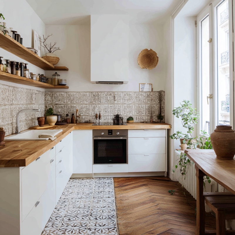 Mixed Flooring Kitchen Design with Patterned Tile Backsplash and Wood