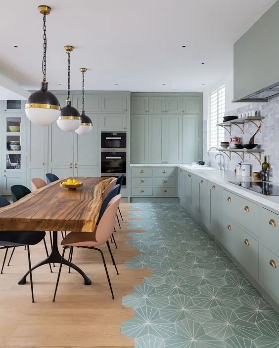 Mixed Flooring Transition Wood to Tile with Sage Green Cabinets