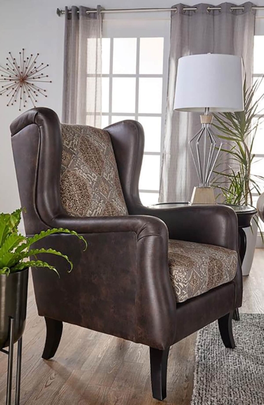 Mixed Material Accent Chair with Wingback Silhouette in Dark Brown