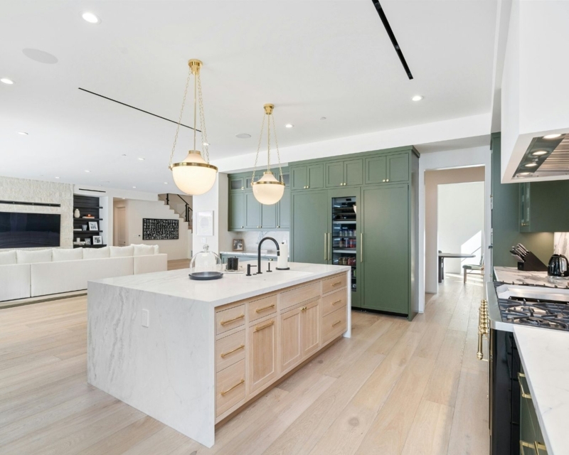 Mixed Metal Waterfall Kitchen Island with Globe Pendants