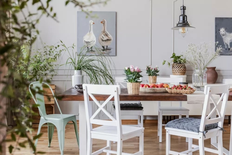 Mixed Seating Dining Table Setup in Airy Cottagecore Dining Room