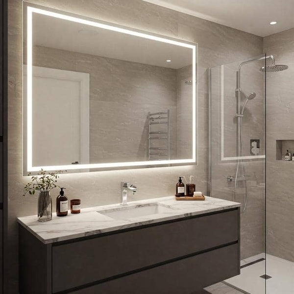 Modern Backlit Bathroom Mirror, Floating Dark Grey Vanity Design