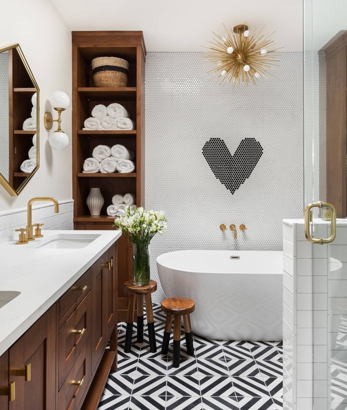 Modern Bathroom Heart Tile Accent: Gold Sputnik Chandelier Lighting