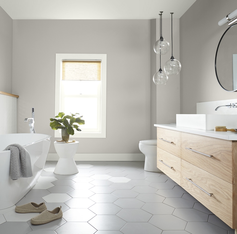 Modern Bathroom Hexagon Tiles Minimalist Paint Ideas Wood Vanity